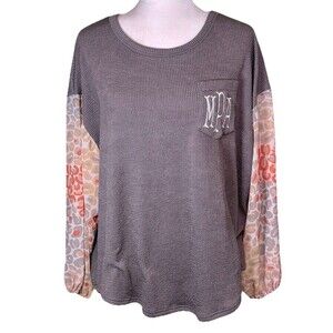 Women’s Waffle Knit Tunic Top Sheer Leopard Balloon Sleeve Casual Lounge Sz L/XL